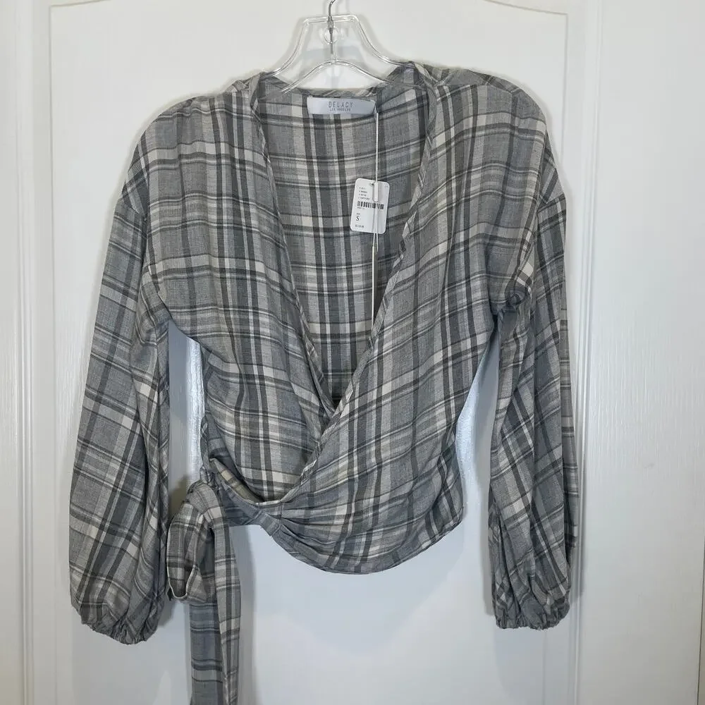 Free People Delacy Gray White Plaid Print Wrap Shirt‎ Long Sleeve NWT S